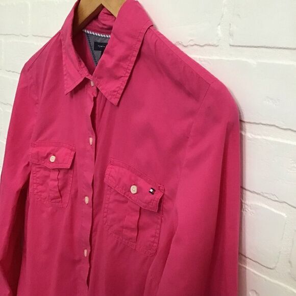 2/40$ TOMMY Hilfiger button down shirt pink blouse in medium 100% cotton preppy - Picture 5 of 11